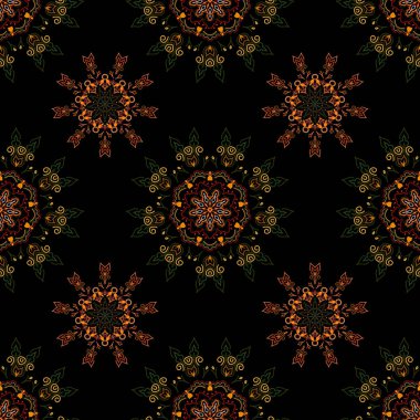 Yeşil, kahverengi ve sarı kar tanelerinin düz dizaynı siyah arkaplanda izole edildi. Kar tanesi pürüzsüz desen. Kar taneleri arka planda. Kar taneleri deseni.