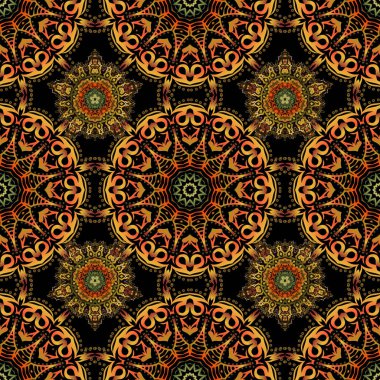 Siyah arkaplandaki soyut çiçekler. Vektör tarzı süs. Kraliyet duvar kağıdı. Damask Çiçeksiz desen.