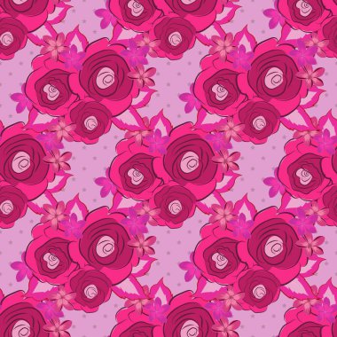 Vektör. Soyut gül çiçekleri ve pembe, mor ve morumsu yeşil yapraklardan oluşan suluboya desenli romantik desenler. Geçmiş, tekstil, ambalaj kağıtları, tebrik kartları için..