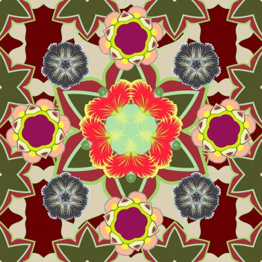 Renkli yön deseni yeşil, kırmızı ve bej renklerde. Kraliyet çiçeğiyle modern çiçek deseni. Kusursuz çiçek süsü..