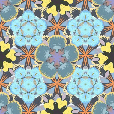 Damask klasiği. Renkli yinelenen elementlerle oryantasyon arkaplanı. Turuncu, mavi ve sarı renklerde kusursuz soyut elementler.