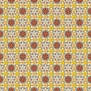 Vektör çizimi. Grafik desenli çiçek deseni bej, sarı ve gri renklerde. Biçimlendirilmiş küçük çiçeklerle kusursuz şablon vektör arkaplanı.