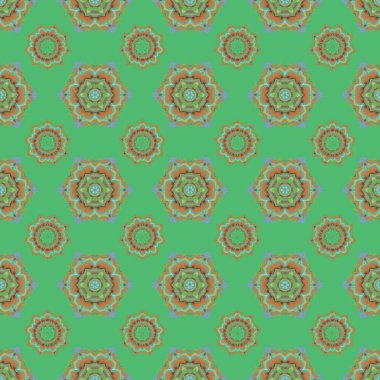 Kırmızı, yeşil ve sarı renklerde Victoria dönemi desenli klasik süslemeler. Kusursuz damaske deseni.