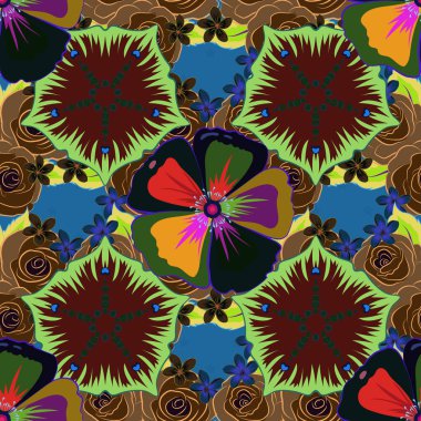 Mavi, kahverengi ve yeşil renkli suluboya kozmos çiçekleri olan moda baskılar. Dekorasyon ve tasarım için mükemmel bir vektör kusursuz desen. Kozmos çiçekleriyle klasik tarzda zarif bir desen..