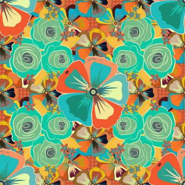 Yumuşak suluboya kozmos çiçeği deseni. Mavi, turuncu ve yeşil renklerde kusursuz desen. Vektör illüstrasyonu.