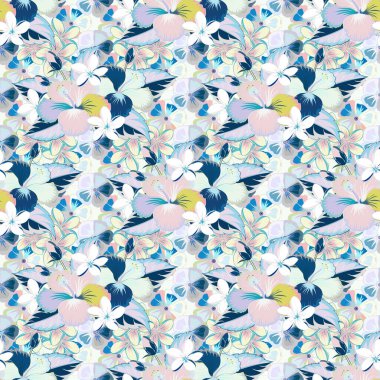 Beyaz, mavi ve gri tropikal çiçeklerle kusursuz egzotik desen. Açan orman, kusursuz amber deseni. Motley vektör illüstrasyonu.