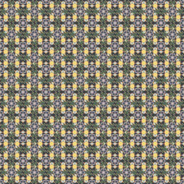 Çiçek duvar kağıdı. Sarı, mavi ve gri renklerde vektör şeklindeki küçük çiçekler. Çiçekler kalitesiz bir şekilde stilize edilmiş..