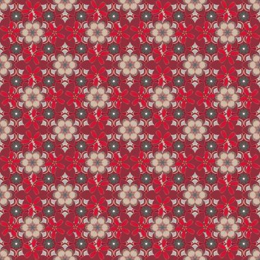 El çizimi parlak, pürüzsüz çiçek deseni bej, kırmızı ve gri renkli küçük çiçekler. Vektör çizimi. Kumaş, tekstil, duvar kâğıdı ve ambalaj için zarif bir retro süs..