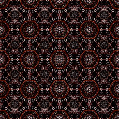 Ikat damaske desensiz arkaplan fayansı. Siyah arkaplanda kahverengi, kırmızı ve mor renkler. Vektör illüstrasyonu.