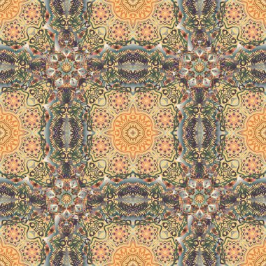 Vektör çizimi. Şam, bej, gri ve turuncu renklerle renksiz çiçek arkaplan deseni.