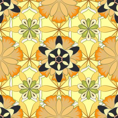 Kumaşa basmak için gri, sarı ve bej renklerde çiçek arkaplanı, yapıştırma kitabı için kağıt. Bir sürü çiçekli hoş, pürüzsüz desen.