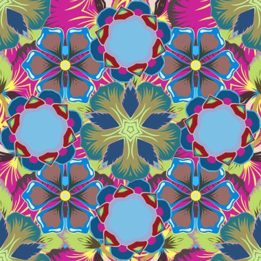 Mor, mavi ve sarı renklerde desensiz çiçek deseni. Çürük çiçekli, pürüzsüz desen..