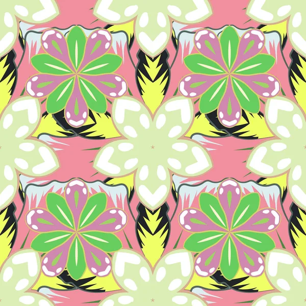 时尚美丽无缝的图案 矢量壁纸设计 无缝隙花纹 花朵可爱 背景为绿色 米黄色和粉色 用于礼品包装 装饰织物 — 图库矢量图片