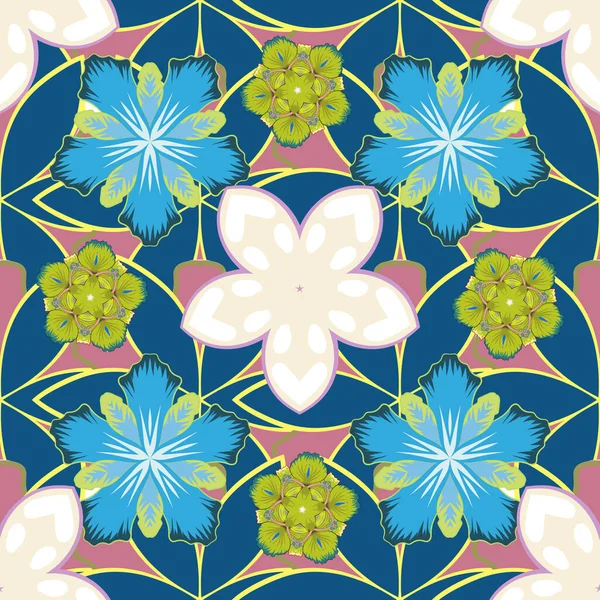 Nahtloses Muster Mit Niedlichen Blüten Beige Gelb Und Blau Vektorillustration — Stockvektor