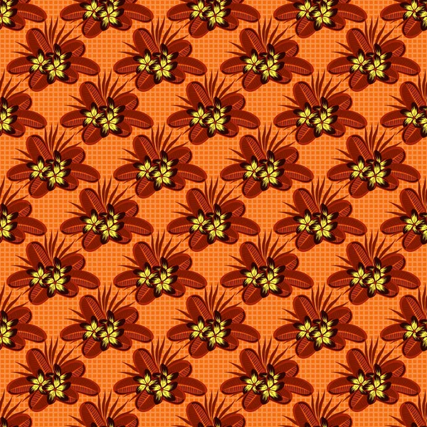 手描きの花の要素を持つ抽象的なシームレスベクトルパターン レトロなテキスタイルデザインコレクション 1950年代から1960年代のモチーフ オレンジ 赤と茶色の色でチュメリアの花とシルクスカーフ — ストックベクタ