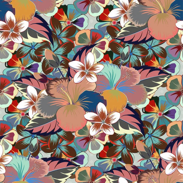 花のシームレスなパターン 春の紙の抽象的なかわいいハイビスカスの花の茶色 灰色と青の色 — ストックベクタ