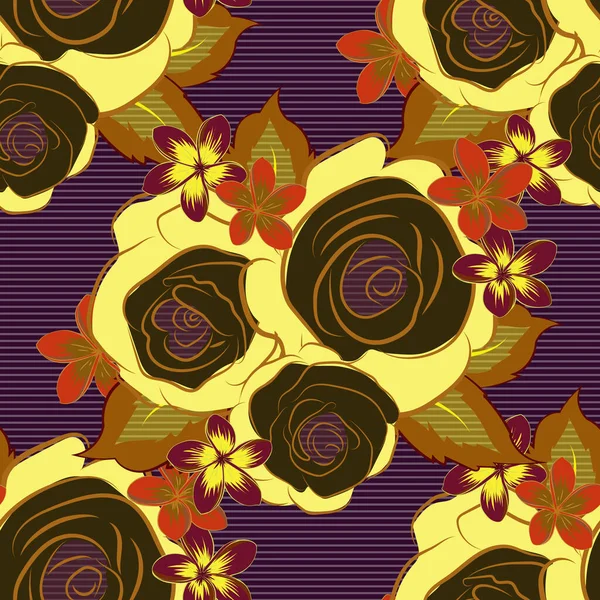 ベクトルイラストは インテリアデザイン ウェブやテキスタイルデザインのために良い 茶色の花の装飾のシームレスなテクスチャ バラの花と葉の光の幻想 — ストックベクタ