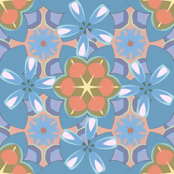 Seamless Pattern Decorative Summer Flowers Orange Blue Beige Colors Watercolor — Stock Vector