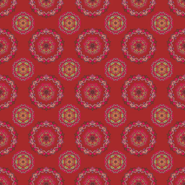 Роскошный Бесшовный Узор Разноцветного Орнамента Стилизованными Снежинками Красном Фоне — стоковый вектор