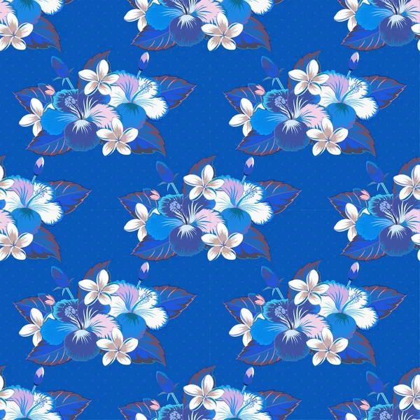 Violette Und Blaue Hibiskusblüten Mit Nahtlosem Muster Vektorillustration — Stockvektor