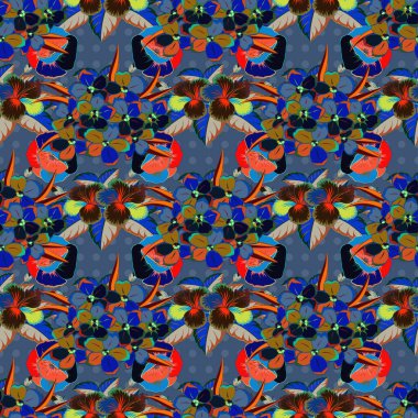 Vektörsüz desen, primula çiçekleri ve yaprakları turuncu, siyah ve mavi renklerde. Yatak çarşafları, ceket, paket tasarımı, kumaş veya moda konseptleri için tekstil baskısı. Primula çiçekli arkaplan.