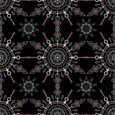 Dekoratif mavi, turuncu ve kahverengi kar taneleri deseni. Tasarım. Noel için siyah arkaplanda vektörsüz desen.