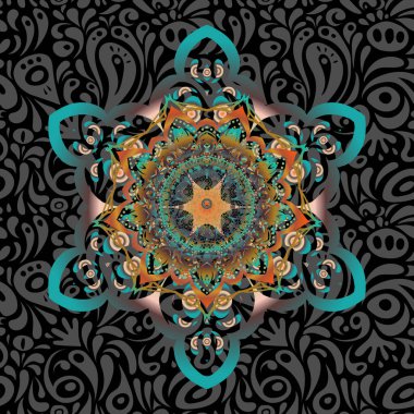 Eski, dikişsiz desen. Kumaş, tekstil, iç dekorasyon yeşil, mavi ve kahverengi renkler. El yapımı vektör çizimi.