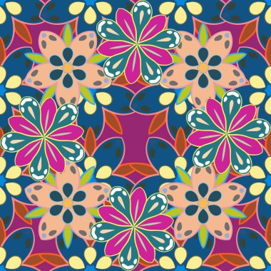 Çiçekler, yapraklar, dekoratif elementler, sıçrama, lekeler ve bej, sarı ve mavi renkler. Karalama çizim biçimi, el çizimi illüstrasyon.