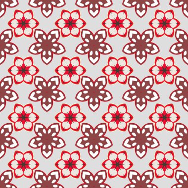 El çizimi çiçek unsurları olan soyut, dikişsiz raster deseni. Kırmızı, kahverengi ve gri renkli çiçek açan ipek eşarp. Retro tekstil tasarım koleksiyonu. Sonbahar renkleri. 1950 'ler-1960' lar motifleri.