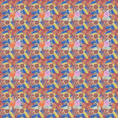 Dekorasyon ya da tasarım için güzel desen. Mavili, pembe ve turuncu renkli moda baskı. Gül ve yapraklarla kusursuz desen. Gül çiçekleri ve yapraklarla zarif bir desen..