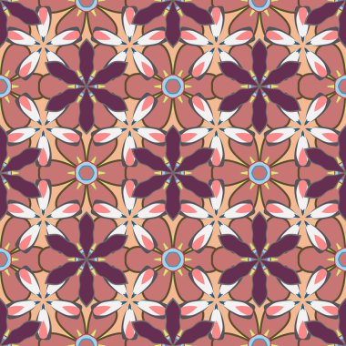 Mor, pembe ve gri renklerde küçük, pürüzsüz desenler. Çiçekli çok renkli dallar.