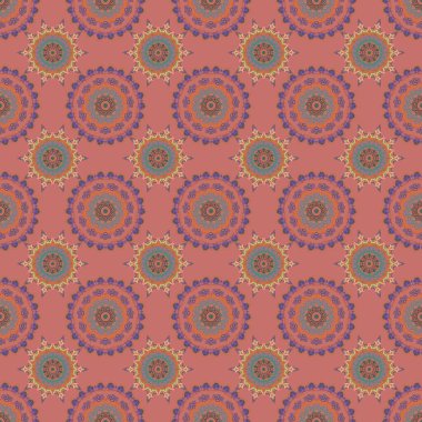 Kahverengi, pembe ve yeşil renklerde kusursuz bir süs. Sıkıntılı damask desensiz arkaplan fayansı.