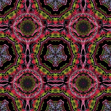 Duvar kâğıdı barok, İspanyol kumaşı. Siyah arkaplanda çok renkli bir süs. Kusursuz bir geçmişi var. Çiçeksiz desen.