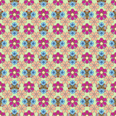 Güzel bir arkaplan. Geometrik yaprak süsü. Mavi, bej ve morumsu renklerde kusursuz soyut çiçek deseni. Grafiksel modern desen.