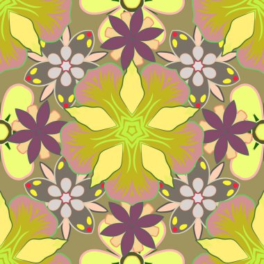 Gri, yeşil ve sarı renklerde kusursuz desen. Küçük çiçek desenli, dikişsiz çiçek deseni..