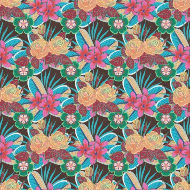 Mavi, bej ve kahverengi renklerde, pürüzsüz gül deseni.