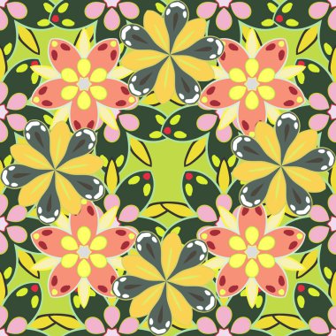 Tekstil ya da kitap kapakları, hediye paketi ya da yapıştırma kitabı için çiçeksiz arka plan. Sarı, pembe ve yeşil renkli özgürlük stili. Raster, küçük çaplı çiçeklerdeki basit, pürüzsüz desen. Millefleurlar