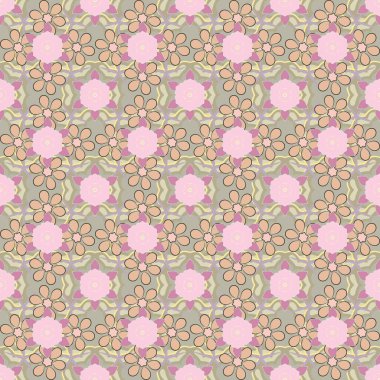 Kumaş, tekstil, duvar kâğıdı ve ambalaj için zarif bir retro süs. Pembe, gri ve yeşil renkli oldukça küçük çiçeklerle el çizimi parlak, pürüzsüz çiçek deseni. Vektör illüstrasyonu.