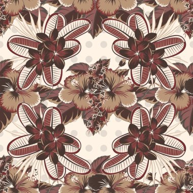 Hoş bir çiçek geçmişi var. Yatak çarşafları, ceket, paket tasarımı, kumaş ve moda kavramları için tekstil baskısı. Amber çiçekleri ve bej, pembe ve kahverengi yapraklı vektörsüz desen.