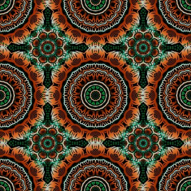 Vektör çizimi. Tasarım, tekstil veya kumaş için yeşil, kırmızı ve kahverengi renklerde vektörsüz çiçek deseni.