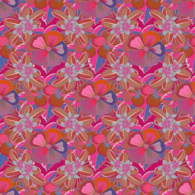 Dekoratif kozmos çiçekleri tekrar eden desenler. Raster illüstrasyonu. Kırmızı, pembe ve bej renkli çiçek motifleri olan soyut zarafet deseni.