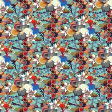 Hawaii Aloha Tişörtünün pürüzsüz desenli kahverengi, gri ve mavi renklerde. Raster illüstrasyonu.