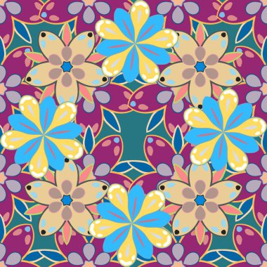 Küçük çiçeklerdeki hoş, pürüzsüz desen. Moda baskıları için zarif bir şablon. Ditsy çiçek stili. Mavi, bej ve mor renkli vektör küçük çiçekler.