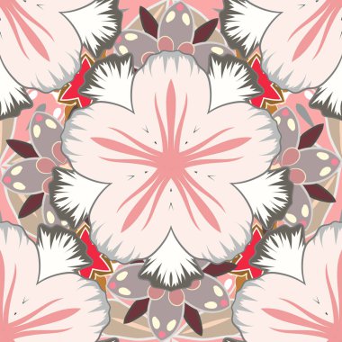 Gri, beyaz ve bej renklerde kusursuz bir arkaplan. Küçük çiçekli, pürüzsüz bir desen. El çizimi raster çizimi.