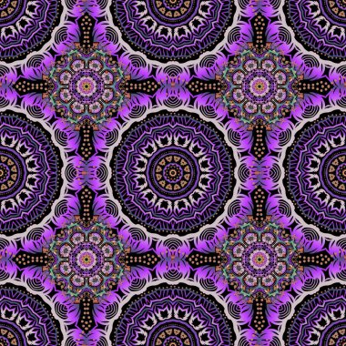 Tasarım, tekstil ya da kumaş için yeşil ve mor renklerde vektörsüz çiçek deseni. Vektör illüstrasyonu.