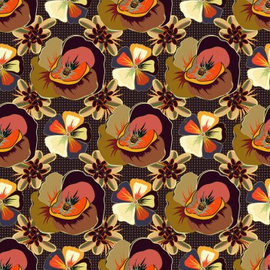 Soyut bej, turuncu ve kahverengi haşhaş desenleri. Klasik Motley Gelincikleri (elle çizilmiş).