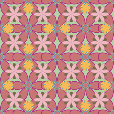 Elle çizilmiş, pürüzsüz desen. Sarı, mor ve pembe renkte birçok çiçek. Vektör desenli çiçek deseni.