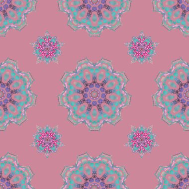 Pembe ve mavi renklerde süslü konuşmalar. Vektörsüz damaske deseni, klasik duvar kağıdı, arkaplan.