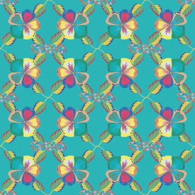 Pembe, yeşil ve mavi renklerde, klasik, dikişsiz desen. El yazısı kozmos çiçekleri, pullar, anahtarlar..