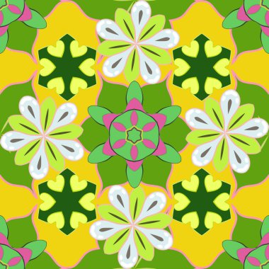 Çizgili arka planda dikişsiz suluboya desen. Yeşil, sarı ve pembe renkli vektör çiçek deseni.
